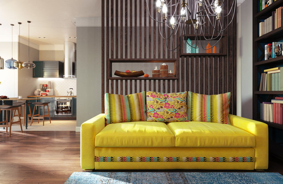 Дизайн интерьера гостиной-кухни для молодой пары с двумя детьми