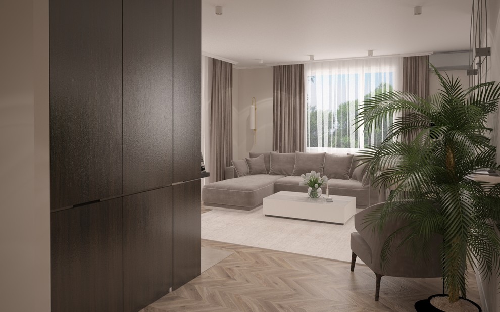 Интерьер гостиной, совмещенной с кухней в загородном доме