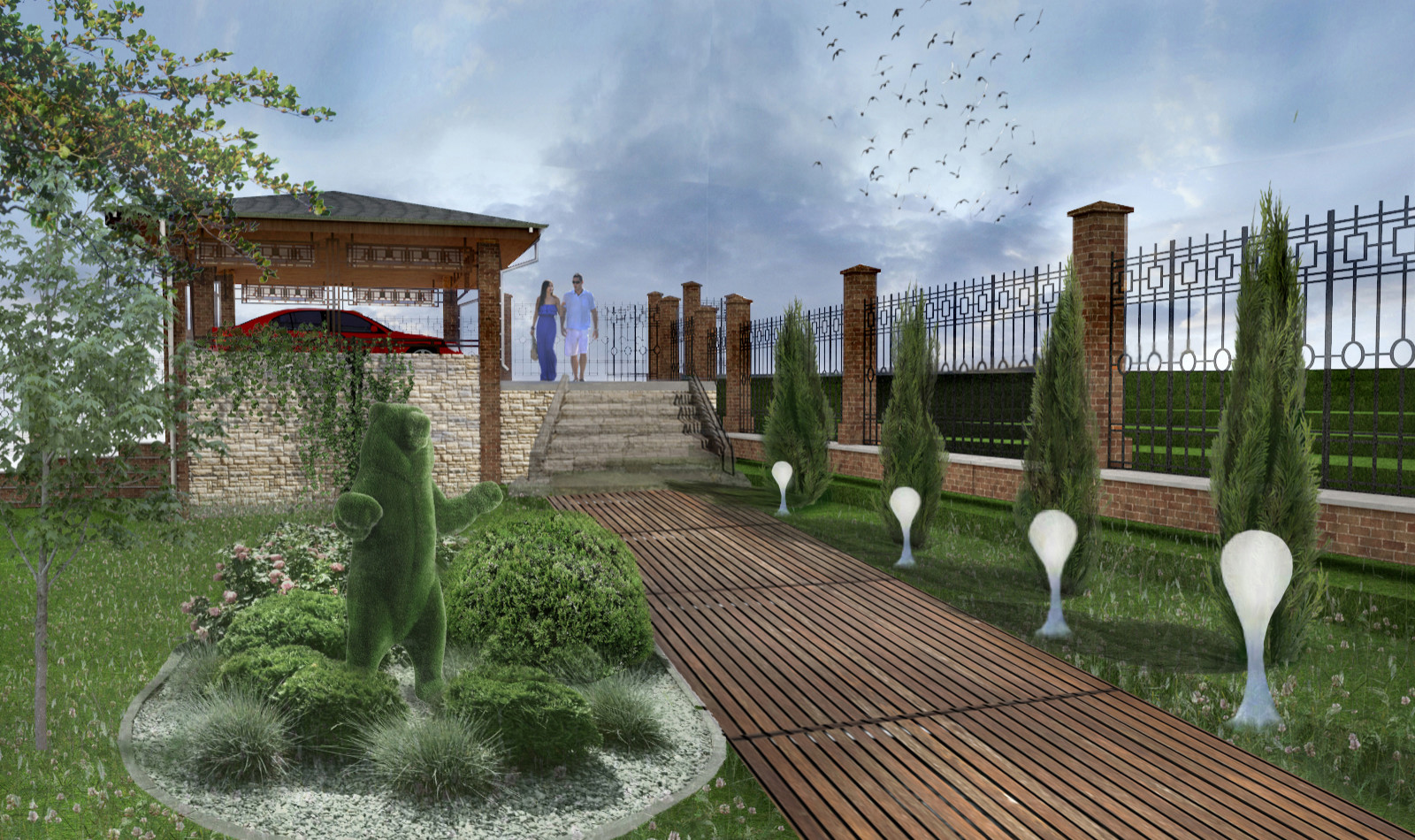 Навес для трёх авто на рельефе с цокольным этажом в Велегож- парк 2 Тульской обл