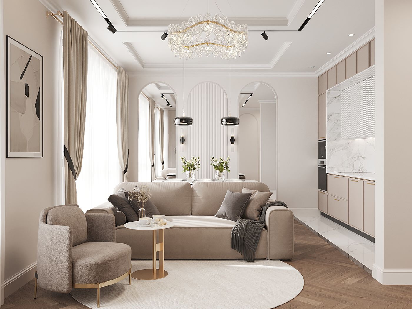 Обложка проекта: Интерьер в стиле неоклассика в РП ЗАРЕЧЬЕ 103 кв.м.