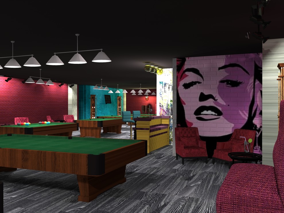 Бильярдный клуб в стиле эклектика с элементами поп-арта и индустриального стиля