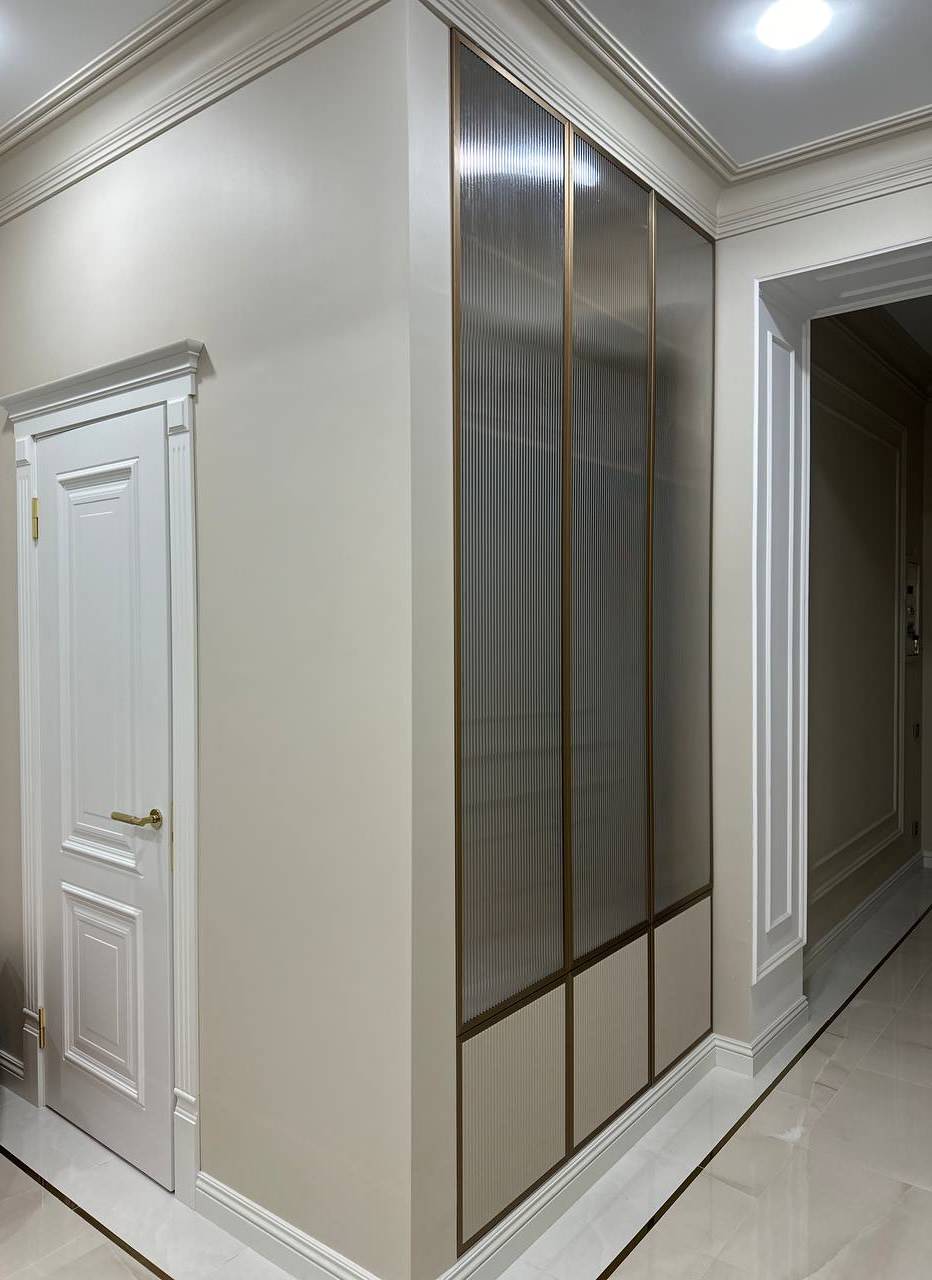 Обложка проекта: Шкаф в прихожую, интегрированный в стену, с алюминиевыми вставками и рифлением.