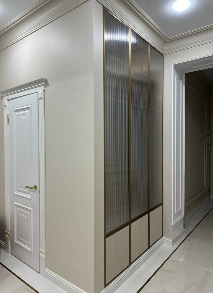 Обложка проекта: Шкаф в прихожую, интегрированный в стену, с алюминиевыми вставками и рифлением.