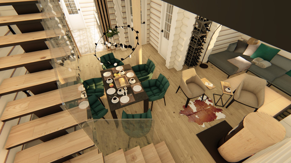 Интерьер двухэтажного коттеджа из оцилиндрованного бревна