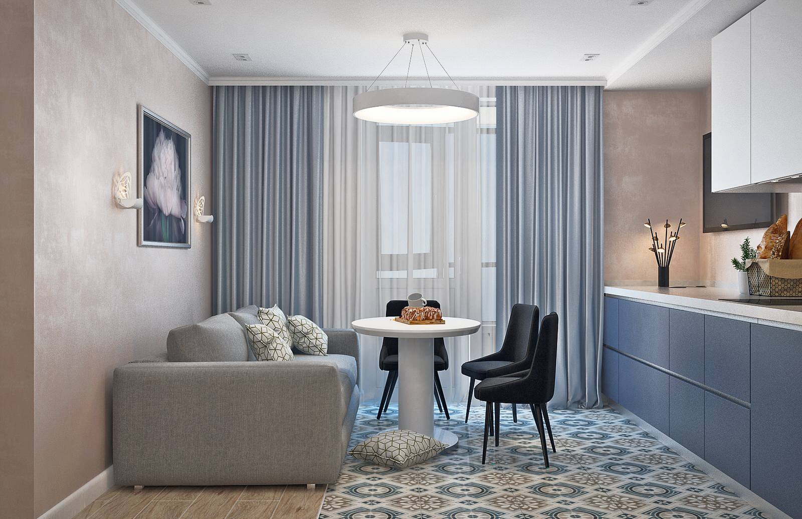 Синяя кухня в сочетании с яркой плиткой на полу.