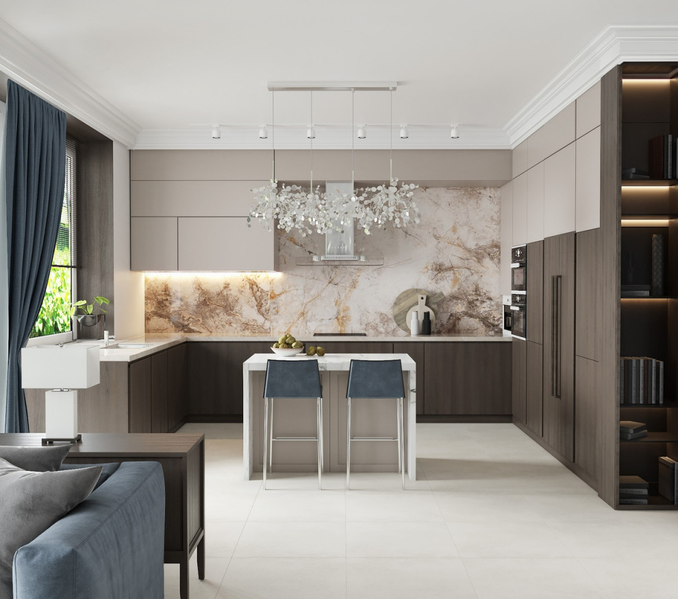 Просторная светлая кухня-гостиная 54м2 для молодой пары