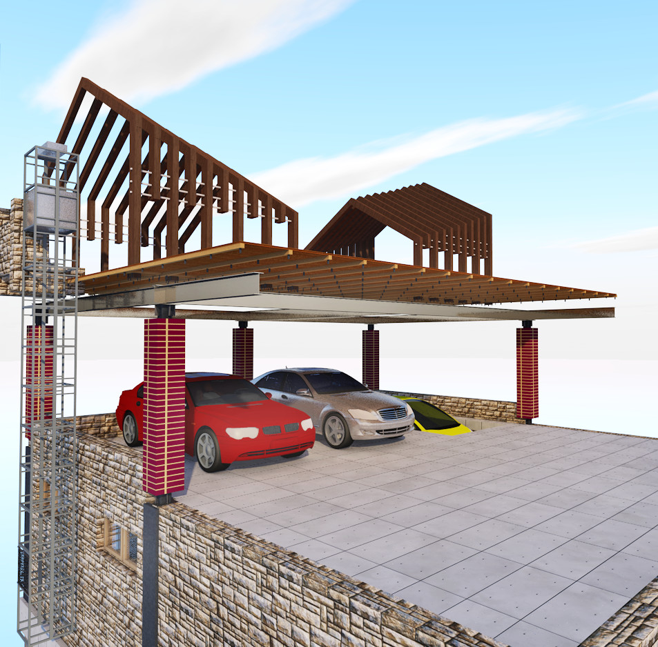 Навес для трёх авто на рельефе с цокольным этажом в Велегож- парк 2 Тульской обл