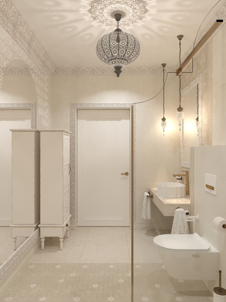 Интерьер санузла в цокольном этаже загородного дома в Восточном стиле.