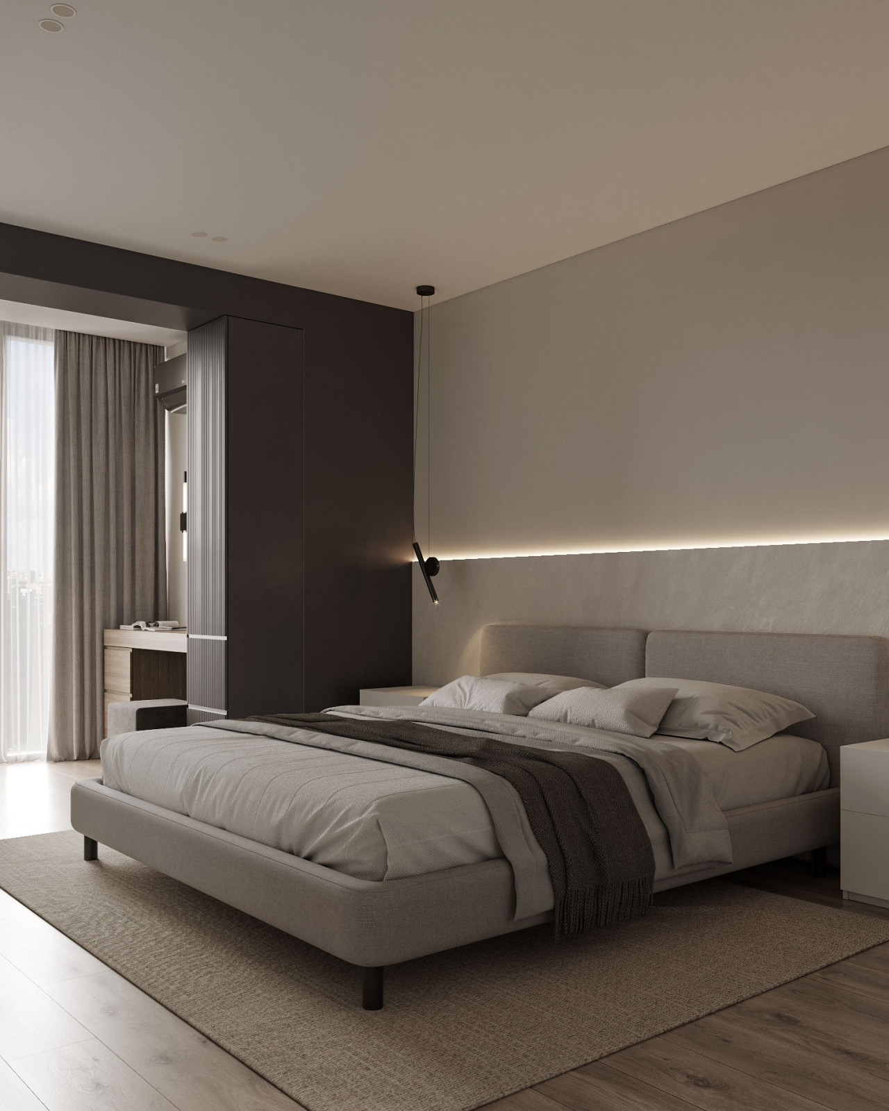 Лаконичная мастер - спальня в монохроме