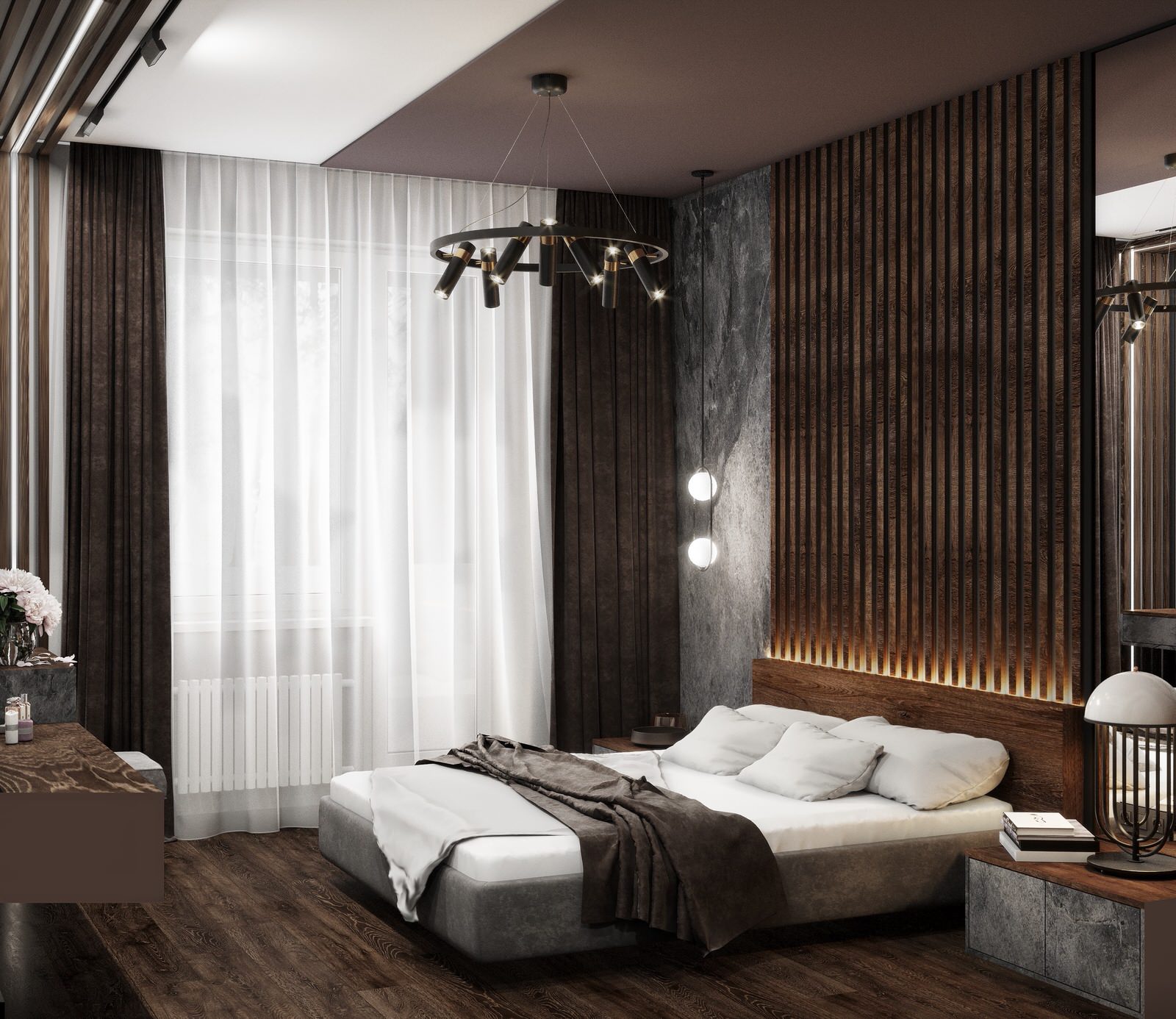 Обложка проекта: Спальня в трёхкомнатной квартире. Комната вместила в себя гардероб, будуарный ст