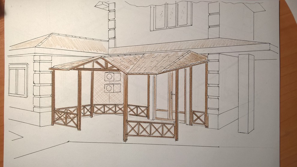 Новывй выход из дома с навесом и беседкой