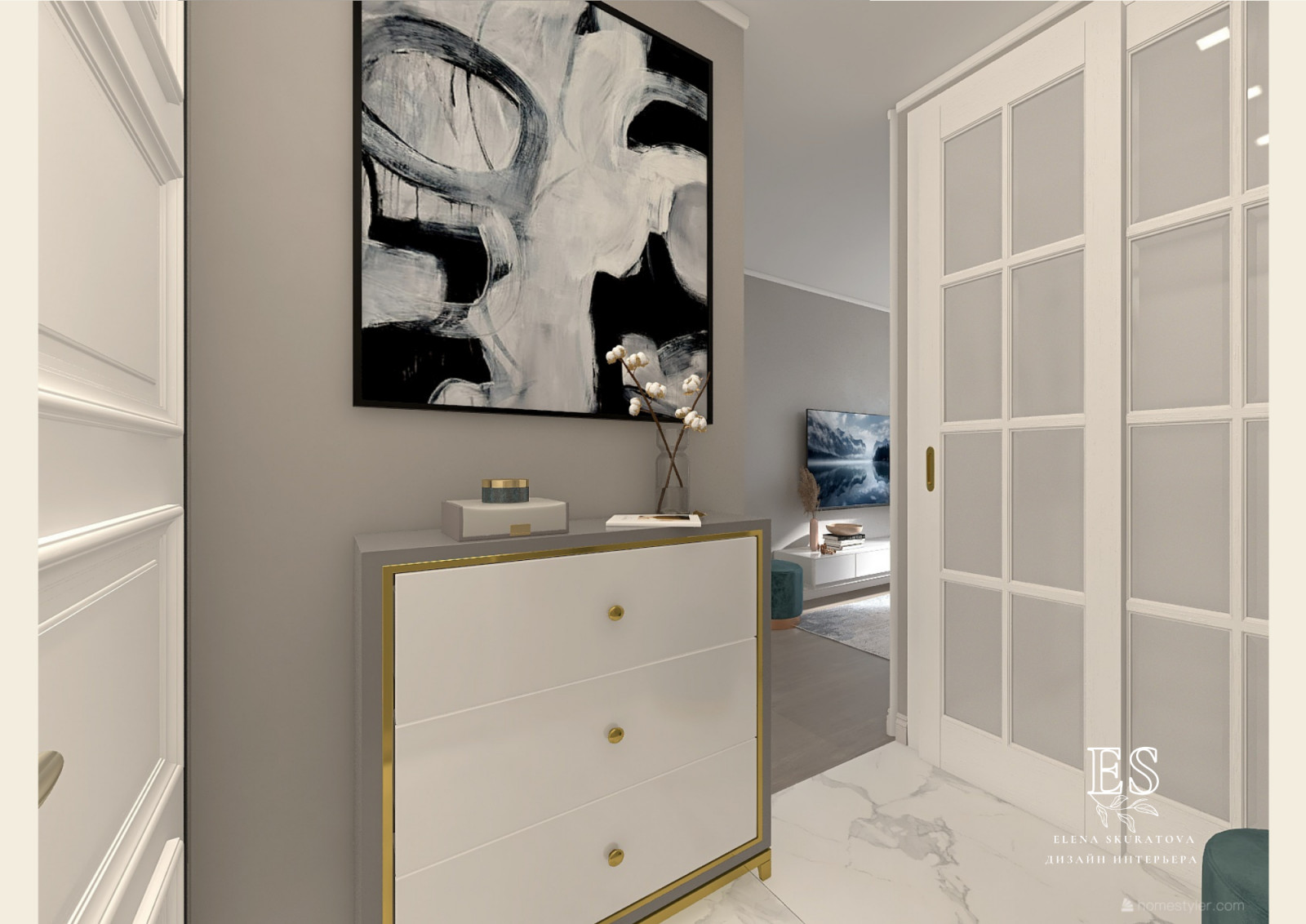 Квартира в бежевых оттенках с голубыми акцентами