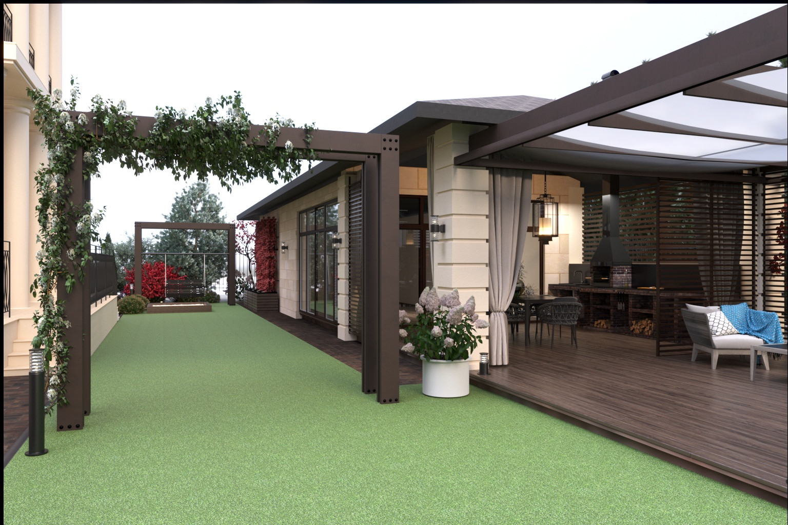 Ландшафтный проект участка с зоной барбекю и банным комплексом..