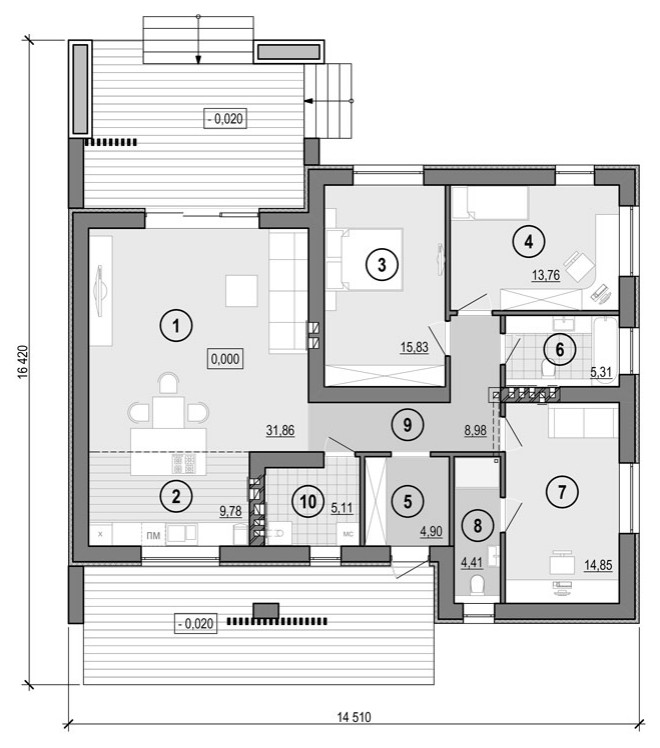 Проект 1-этажного 4-комнатного жилого дома с плоской крышей (флэтхаус)