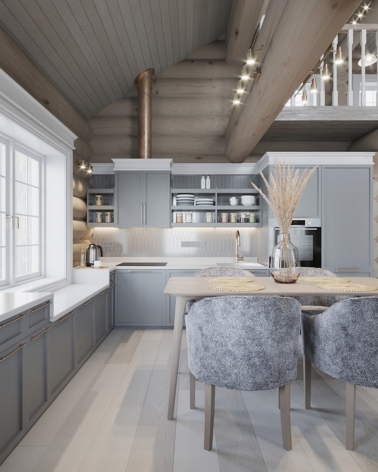 Проект интерьера загородного бревенчатого дома в стиле неоклассика