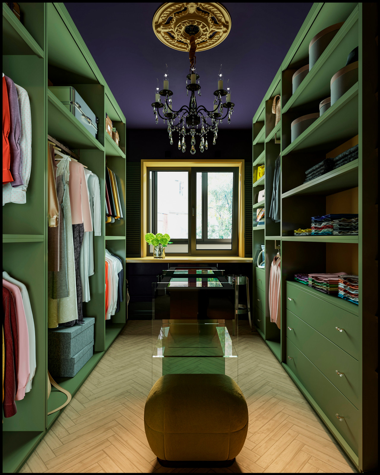 Эклектичный проект квартиры с огромной гардеробной с окном