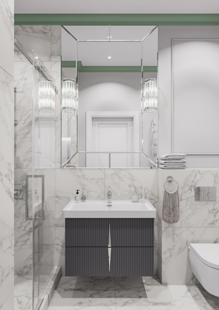 Дизайн интерьера в неоклассике с зелеными акцентами