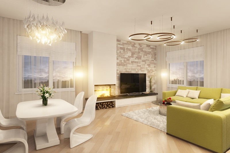 Гостиная с камином и круглой колонной