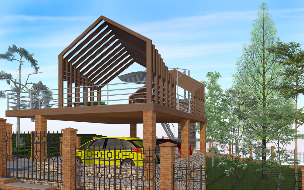 Навес для трёх авто на рельефе с цокольным этажом в Велегож- парк 2 Тульской обл