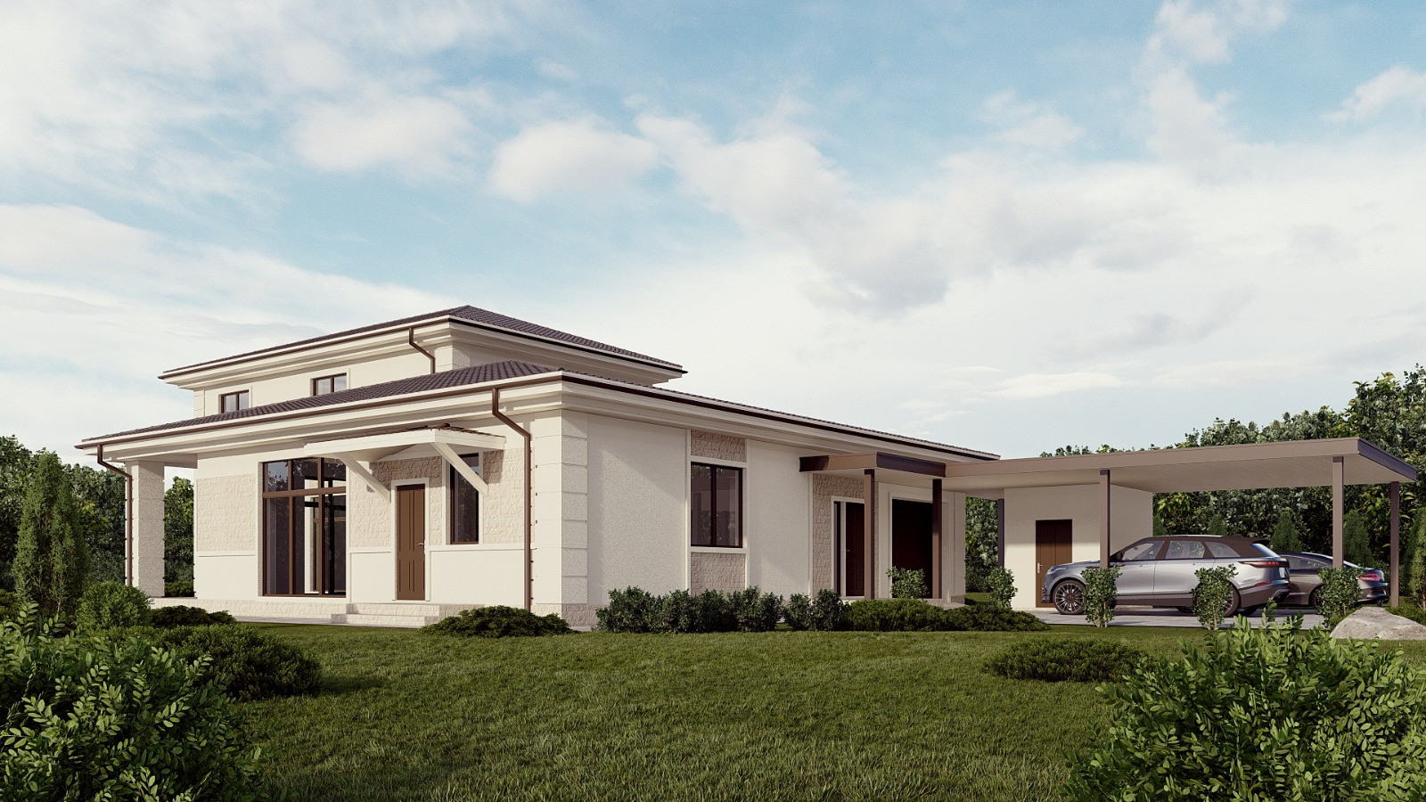 Проект двухэтажного дома в современном классическом стиле.