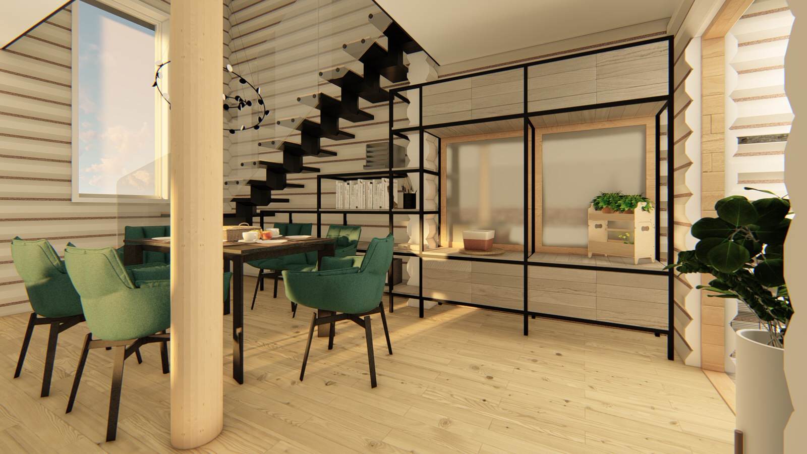 Интерьер двухэтажного коттеджа из оцилиндрованного бревна