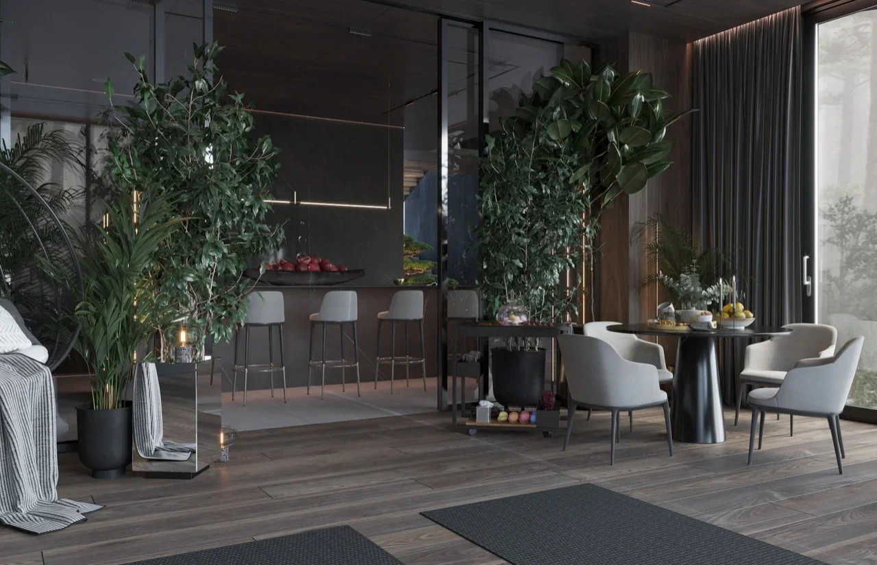 Главная зона в интерьере дома в КП Променад