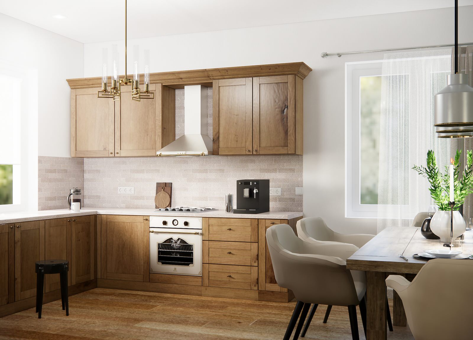 Дом в немецком стиле: кухня и гостиная с камином и лестницей