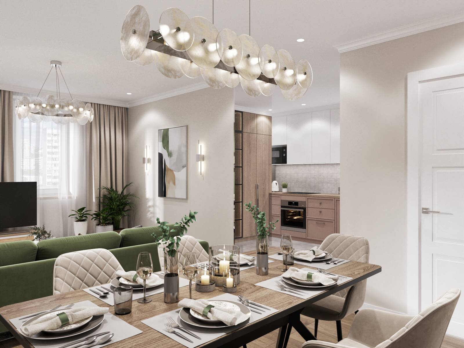 Гостиная с зеленым диваном