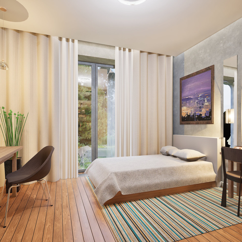 Спальня в частном доме с панорамными окнами