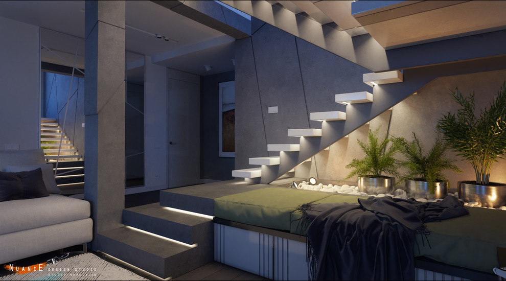 Объединенная гостиная-кухня с современной лестницей на 1 косоуре в загородном до