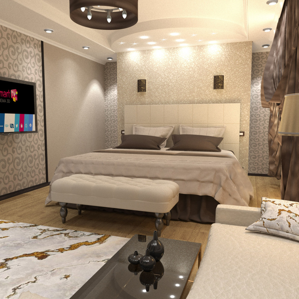 Спальня для семейной пары с переходом в гардеробную