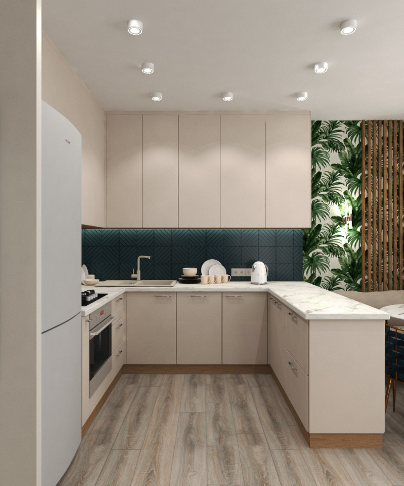 Дизайн кухни-гостиной с тропическими обоями