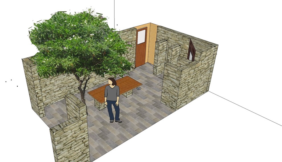 Обустройство частного двора с фасадом и элементами из сварных габионов.