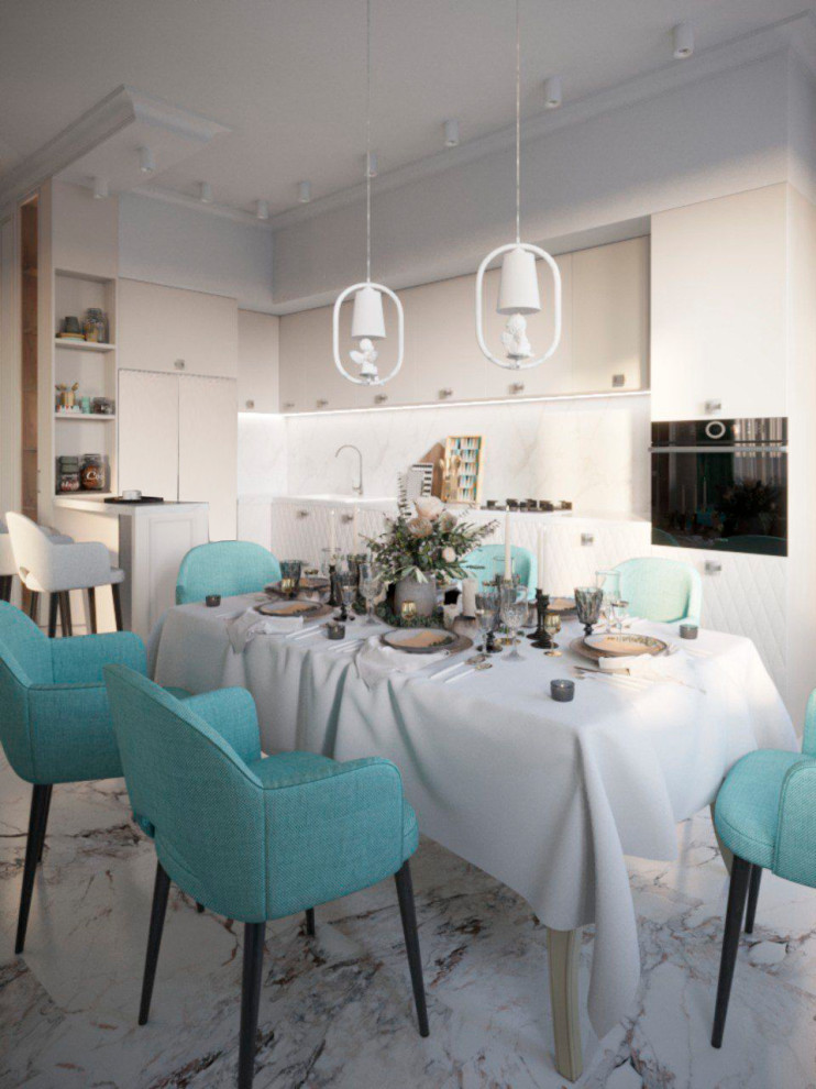 Мятная неоклассика. Кухня-гостиная в загородном доме.