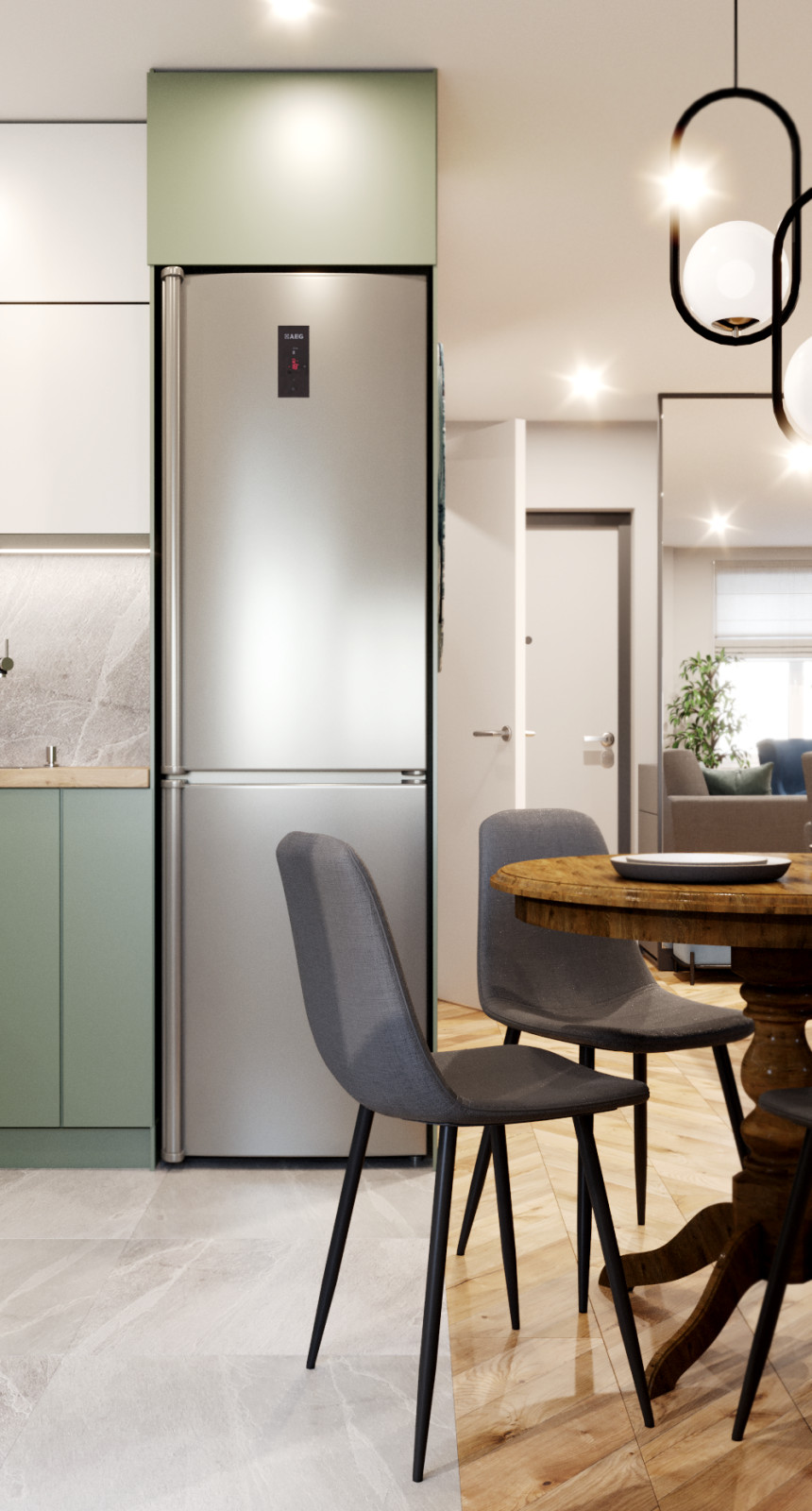 Гостиная, совмещённая с кухней, в природных тонах