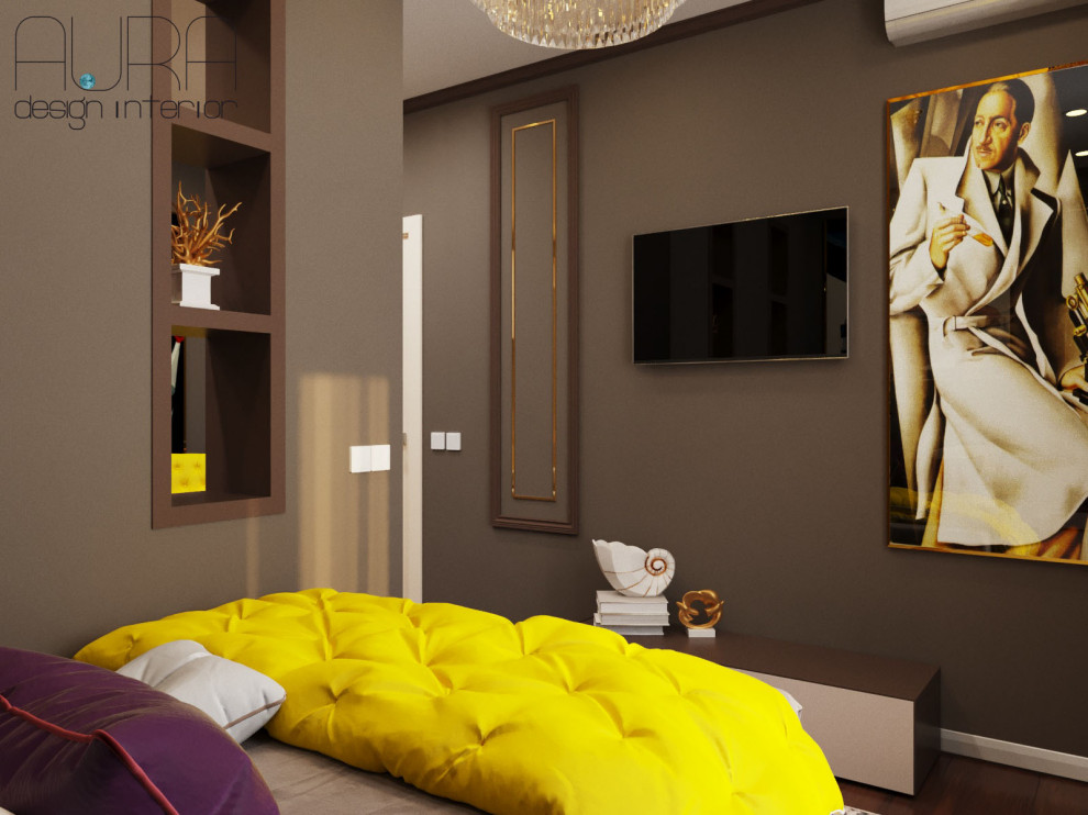 Дизайн квартиры, спальня гостиная в темных тонах