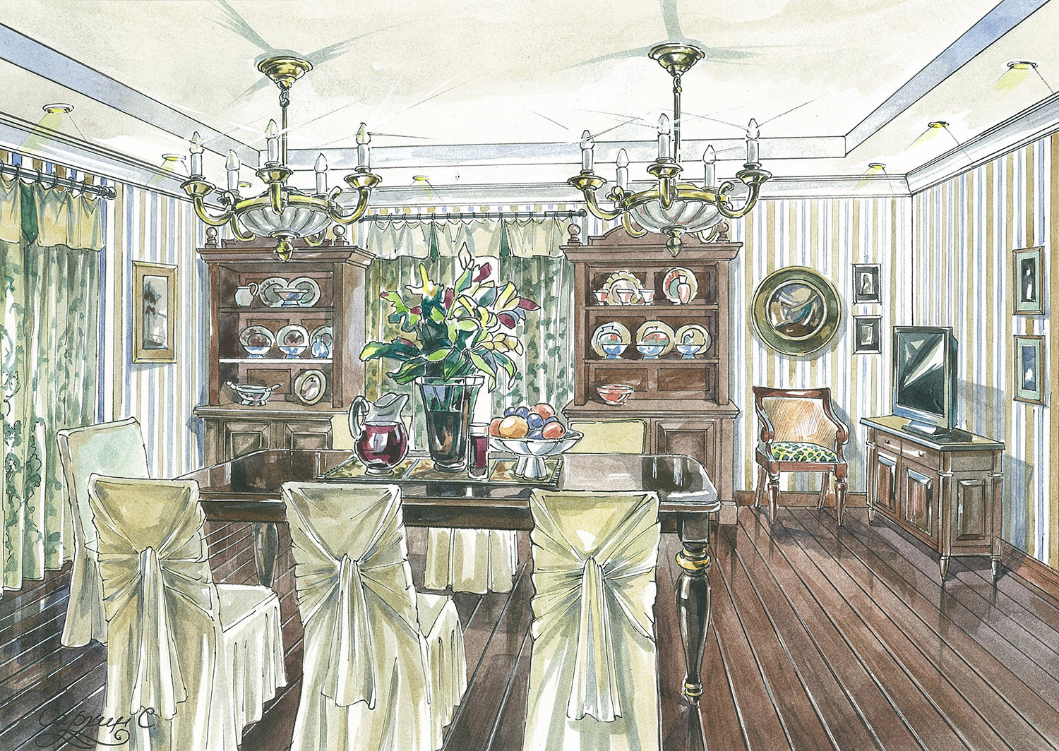 Эскизы к дизайн-проекту загородного дома в английском стиле.