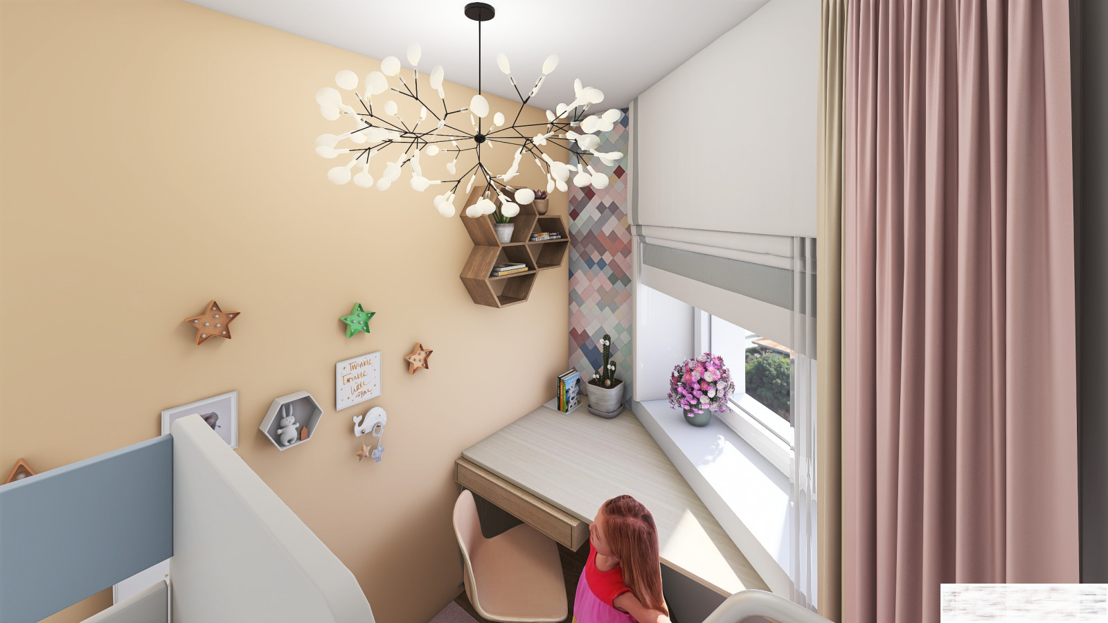 как переделать одну комнату с двумя окнами на две?вид с кровати. интерьер детско