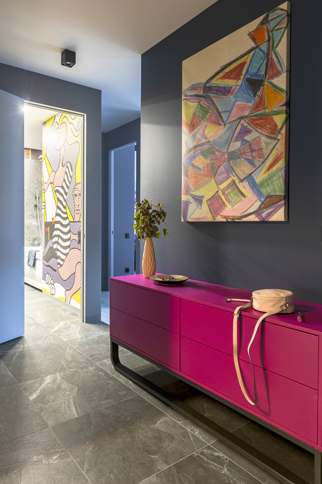 Private apartment with comics wall art.