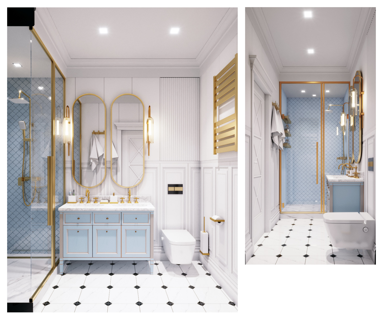 Дизайн ванной комнаты и душевой комнаты в классическом стиле. Вариации.