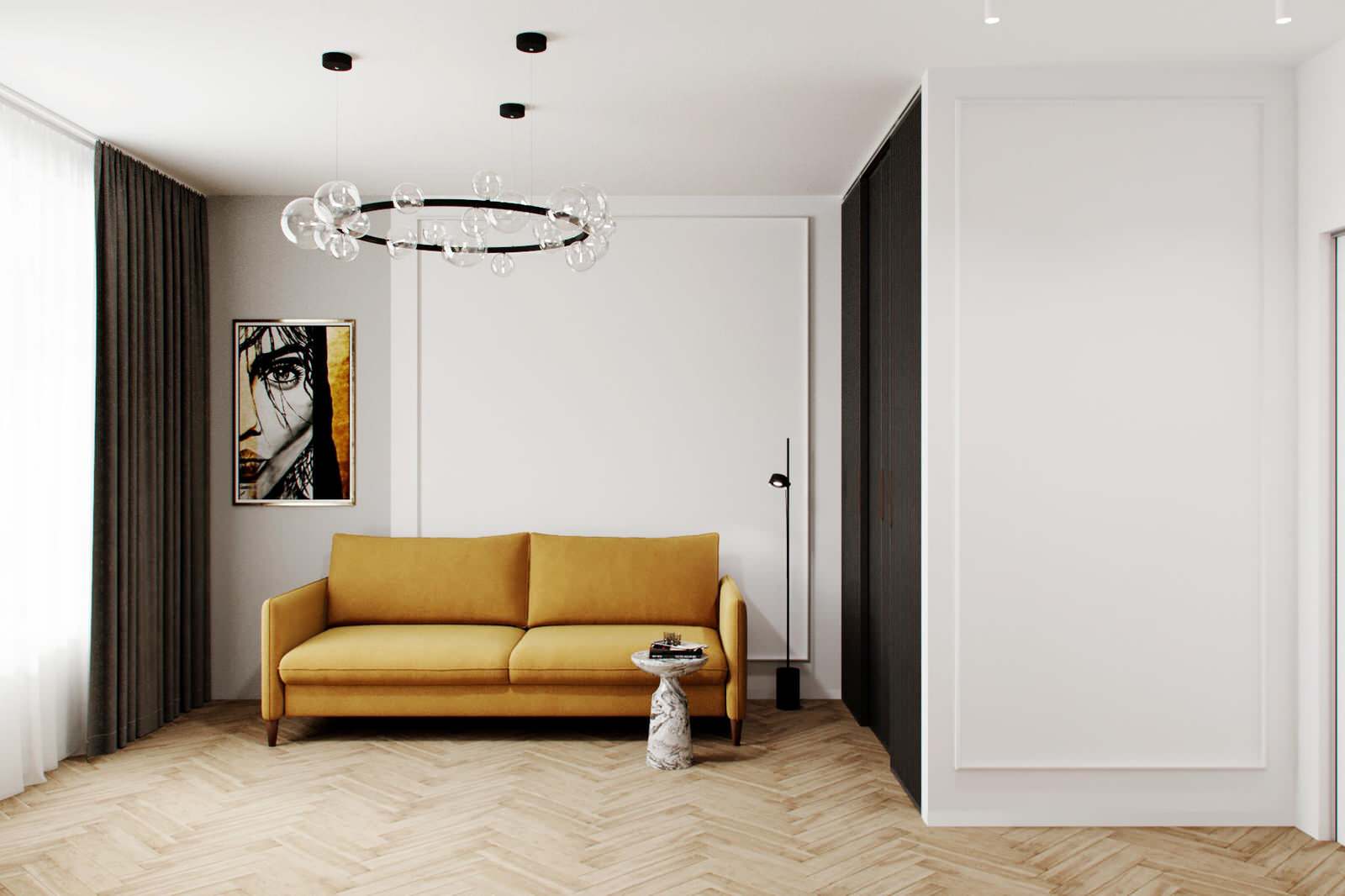 Cовременная квартира, дизайн интерьера в светло-темных тонах в ЖК "Георг Ландрин