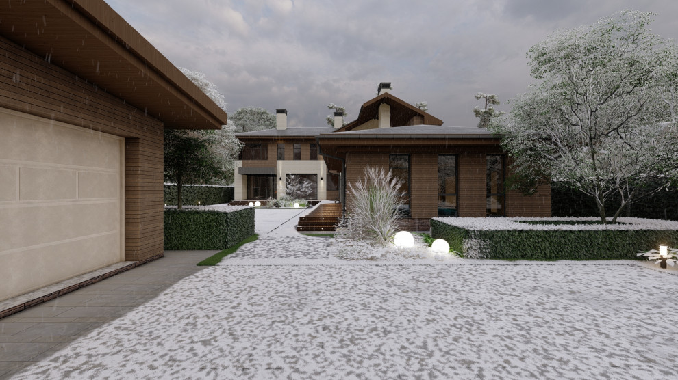 Дом с бассейном и верандой с камином