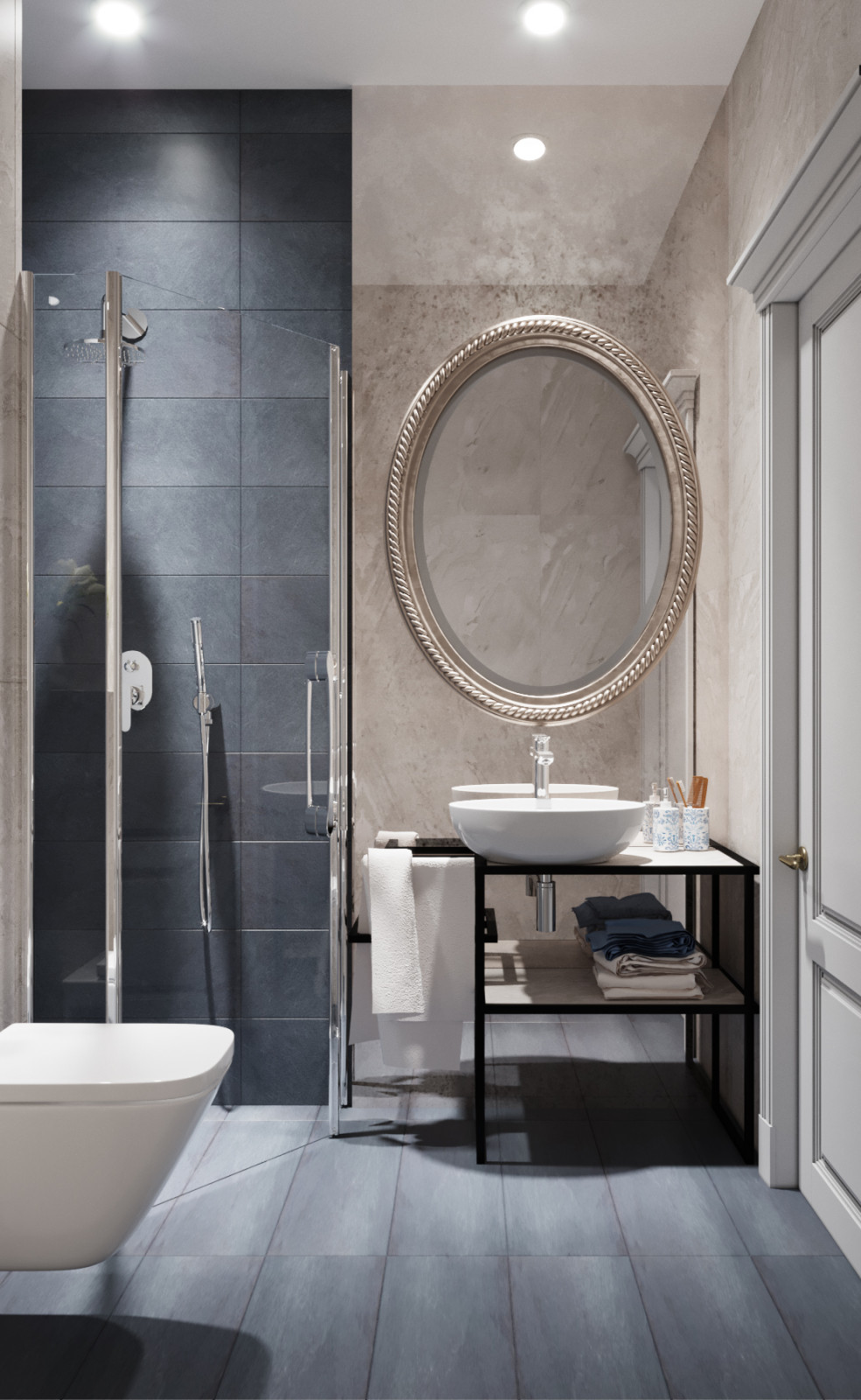 Душевая в классических тонах и голубых оттенках