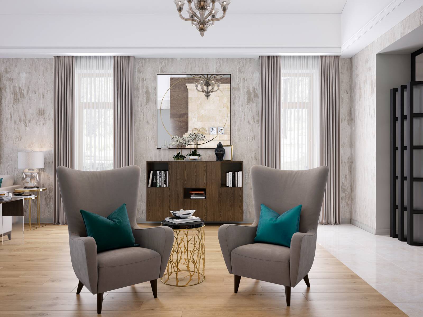 Гостиная и зимний сад в доме на Новорижском шоссе. 80 кв.м Дизайн,Комплектация..