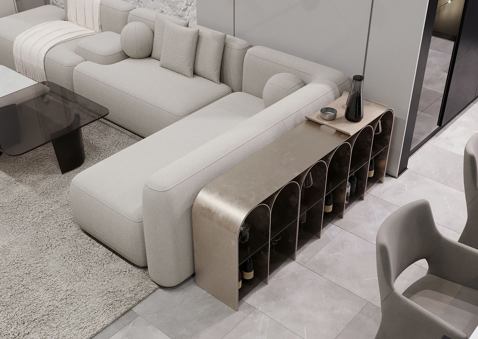 Гостиная-кухня в квартире для молодой девушки в ЖК "Лесопарковый"