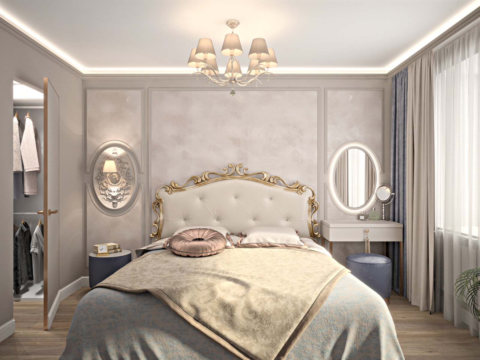 Обложка проекта: 3к Шикарная квартира в современном классическом стиле. Спальня с гардеробной.