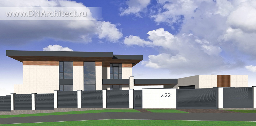 Проект современного дома с баней и гаражом в Подмосковье 2022