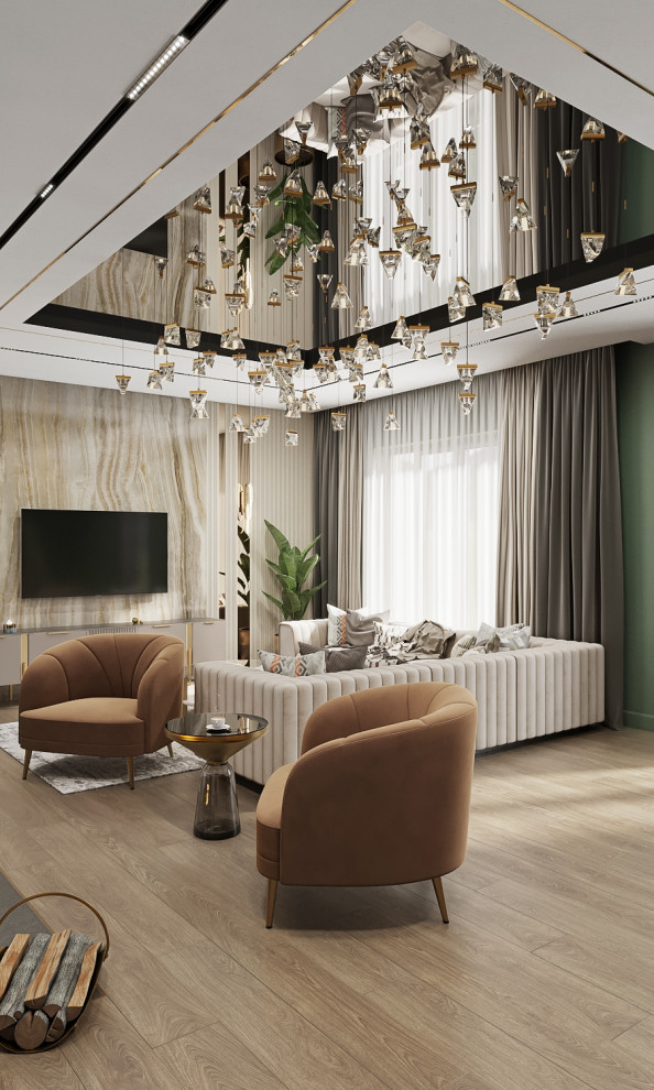 Просторная гостиная с акцентным потолком