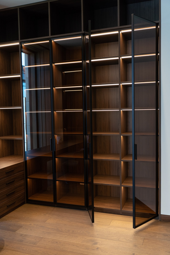 Гардеробная комната с распашными стеклянными RPE фасадами