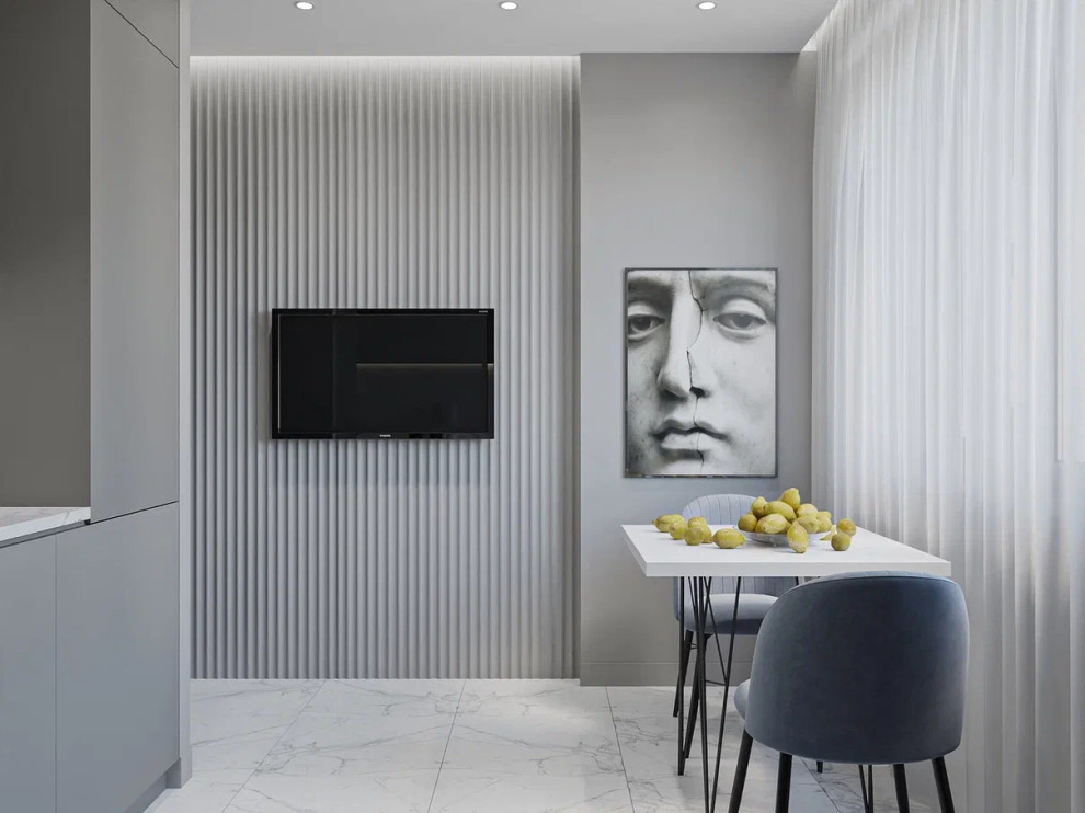 Квартира в стиле минимализм в монохромной серой гамме с яркими акцентами